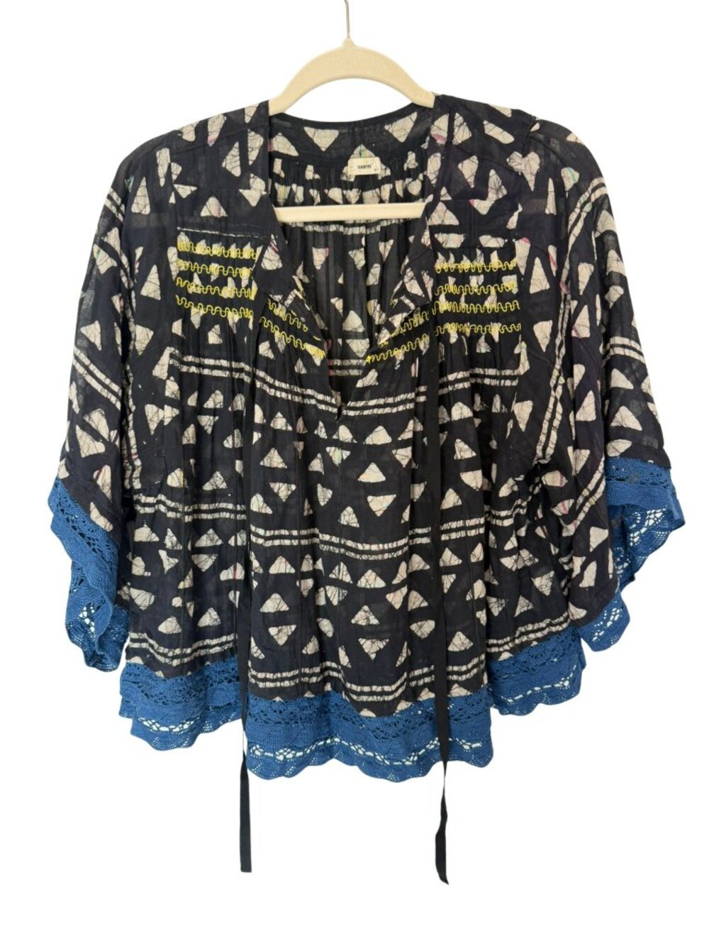 Warm Batik Embroidered Bohemian Cotton Peasant Blouse M/L Crochet Trim